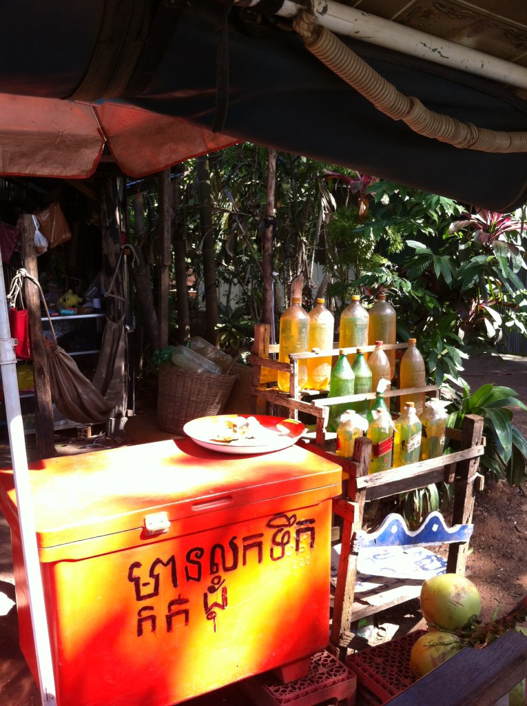 Posto de combustíl tipicamente cambojano ao longo das estradas.